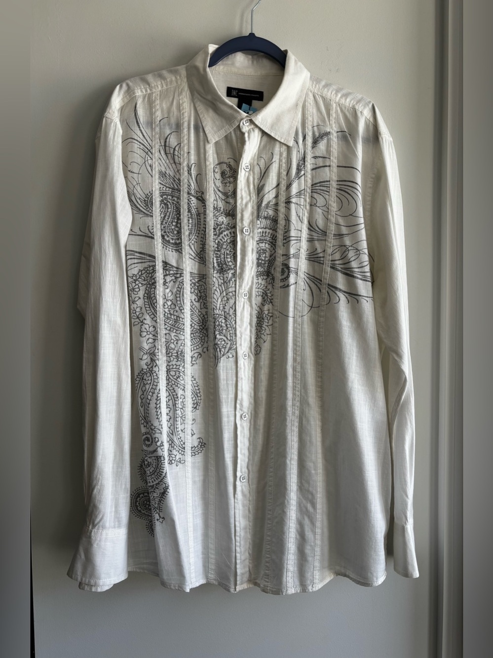 INC International Concepts White Shirt with Black Paisley Detail